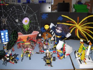 Dr Who, K9 and Darlecks, spiders and flies, predestrians and a person driving a car..... The robots of the the 3 Patto Robot teams